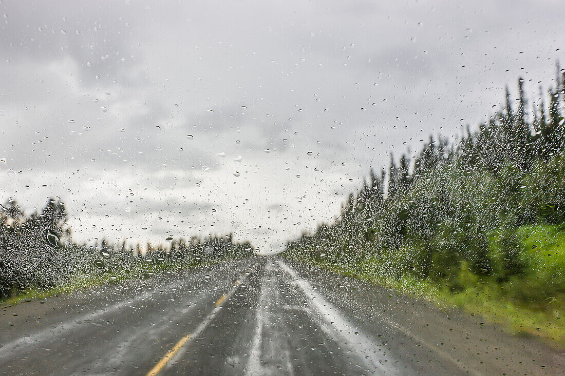 Rain on a vehicle window while on the Alaska Highway north of Watson Lake, Yukon Territory, Canada, Summer