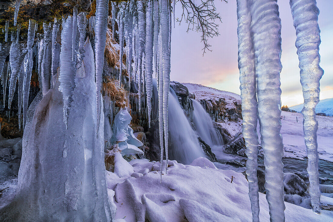 Icicles have formed in front of Gullfoss waterfall, Vik, Iceland