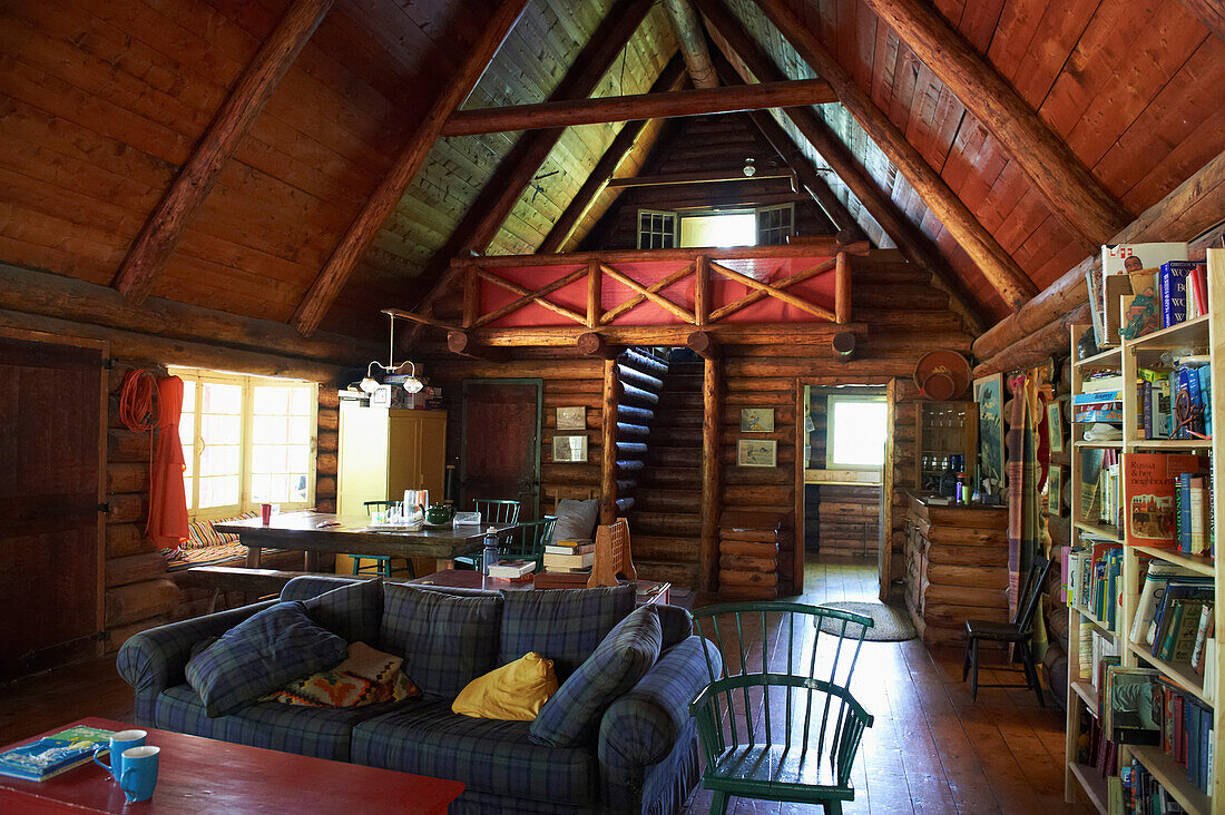 Interior of round log cabin, Lac-des-Neiges, Quebec, Canada