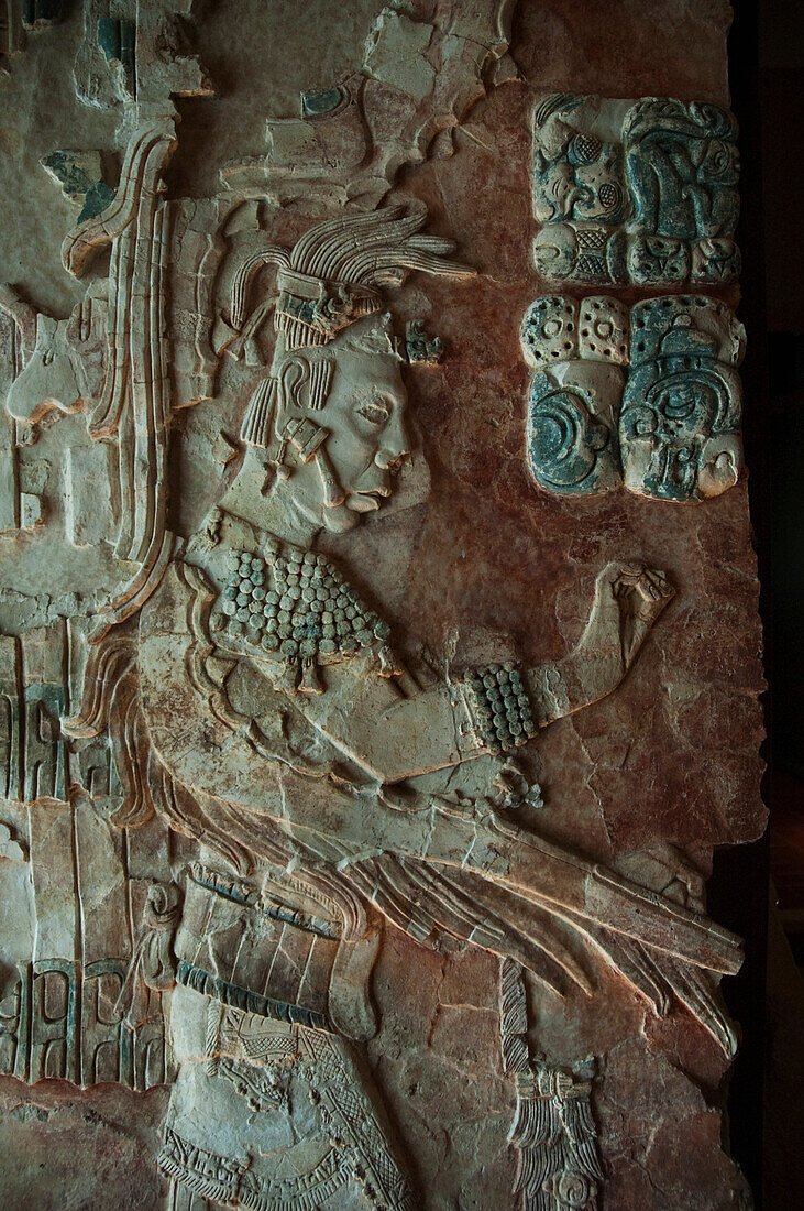 Polychrome Stucco Panel From Temple Xix Showing The Ruler U Pakal K'inich, Alberto Ruz Lhuillier Site Museum, Palenque, Chiapas, Mexico