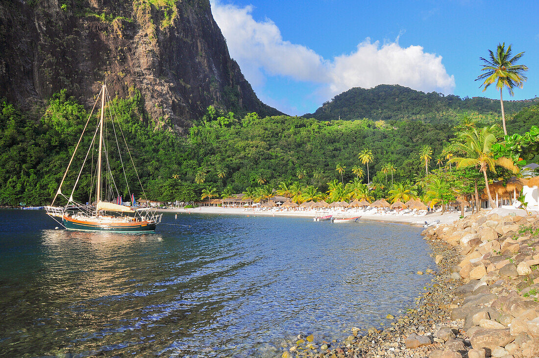 sailing ship at Anse Piton bay below Pitons, Sugar Beach, sea, Soufriere, St. Lucia, Saint Lucia, Lesser Antilles, West Indies, Windward Islands, Antilles, Caribbean, Central America