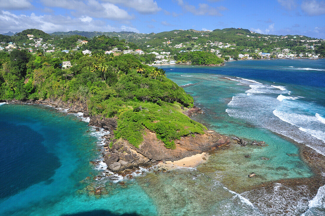view to beach, reef, rocks and Kingstown, sea, Young Island, St. Vincent, Saint Vincent and the Grenadines, Lesser Antilles, West Indies, Windward Islands, Antilles, Caribbean, Central America
