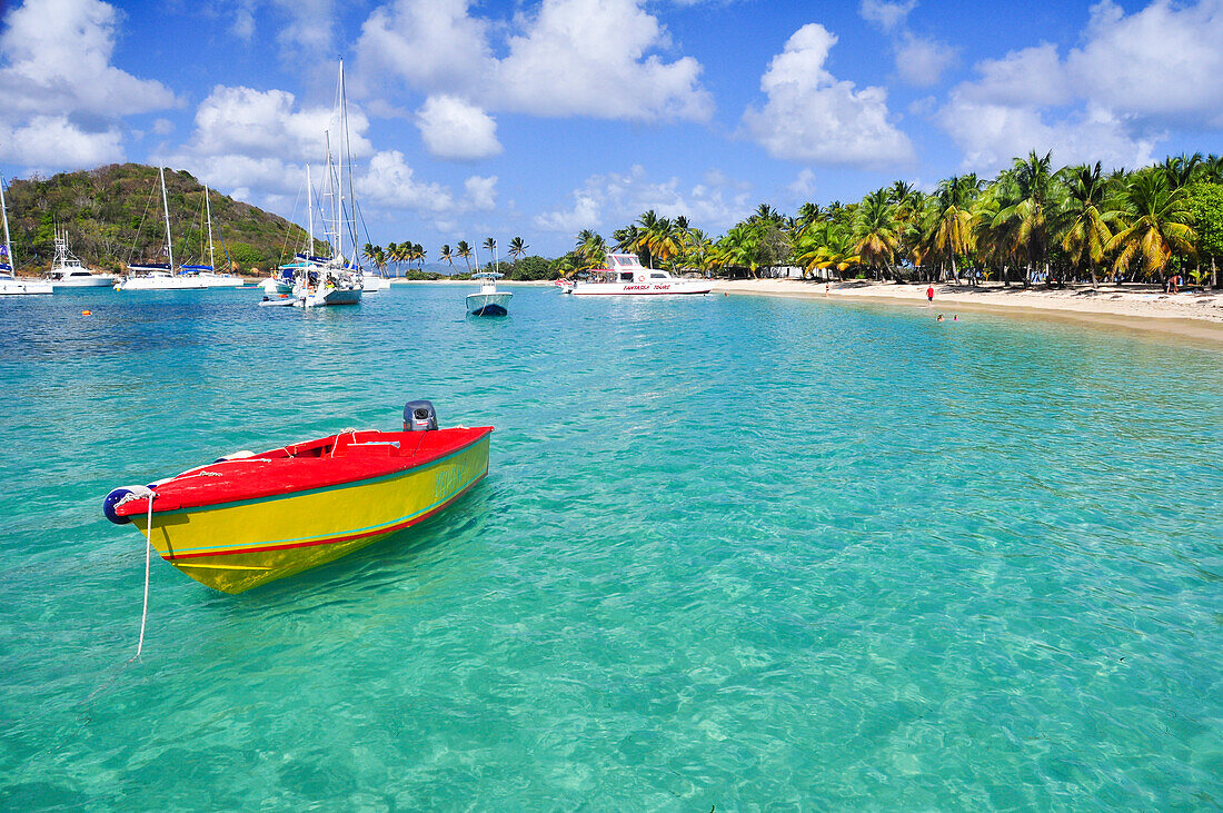 Beach with boat, sailing ships, palms and bathing tourists, sea, Saltwhistle Bay, Mayreau, Tobago Cays, St. Vincent, Saint Vincent and the Grenadines, Lesser Antilles, West Indies, Windward Islands, Antilles, Caribbean, Central America