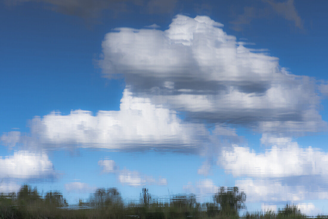 Himmel und Wolken spiegeln sich auf der glatten Wasseroberfläche. Reine Spiegelung ohne direkten Blick auf Landschaft, Biosphärenreservat, Schlepzig, Brandenburg, Deutschland