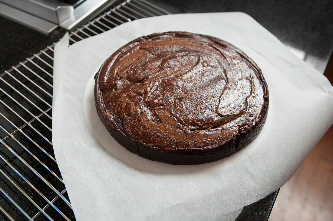 Chocolate Fudge Cake on Cooling Rack