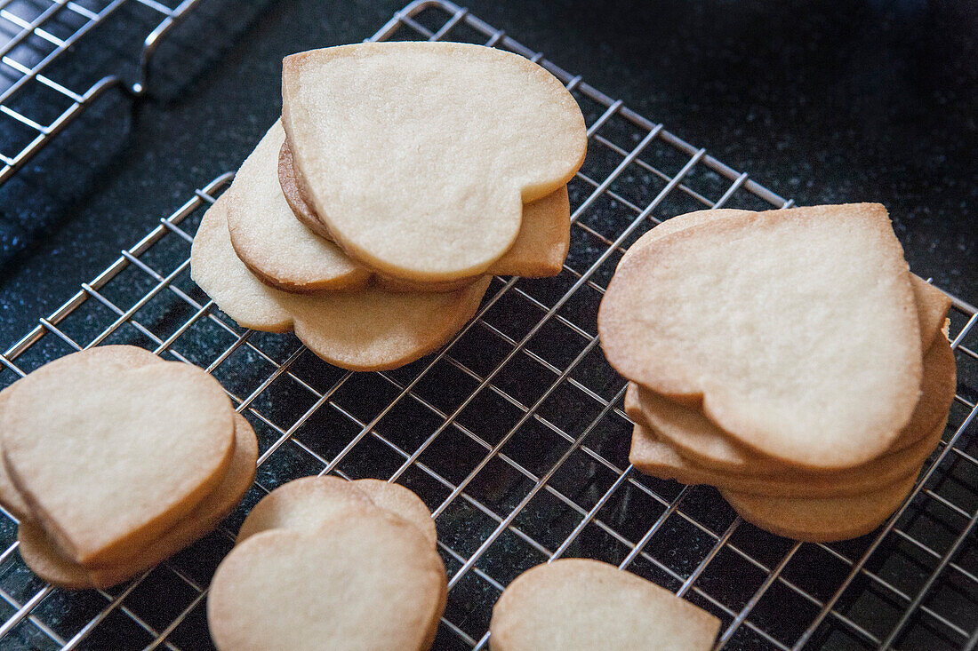 Heart-Shaped shortbread, Cookies on Cooling Rack, Close-Up