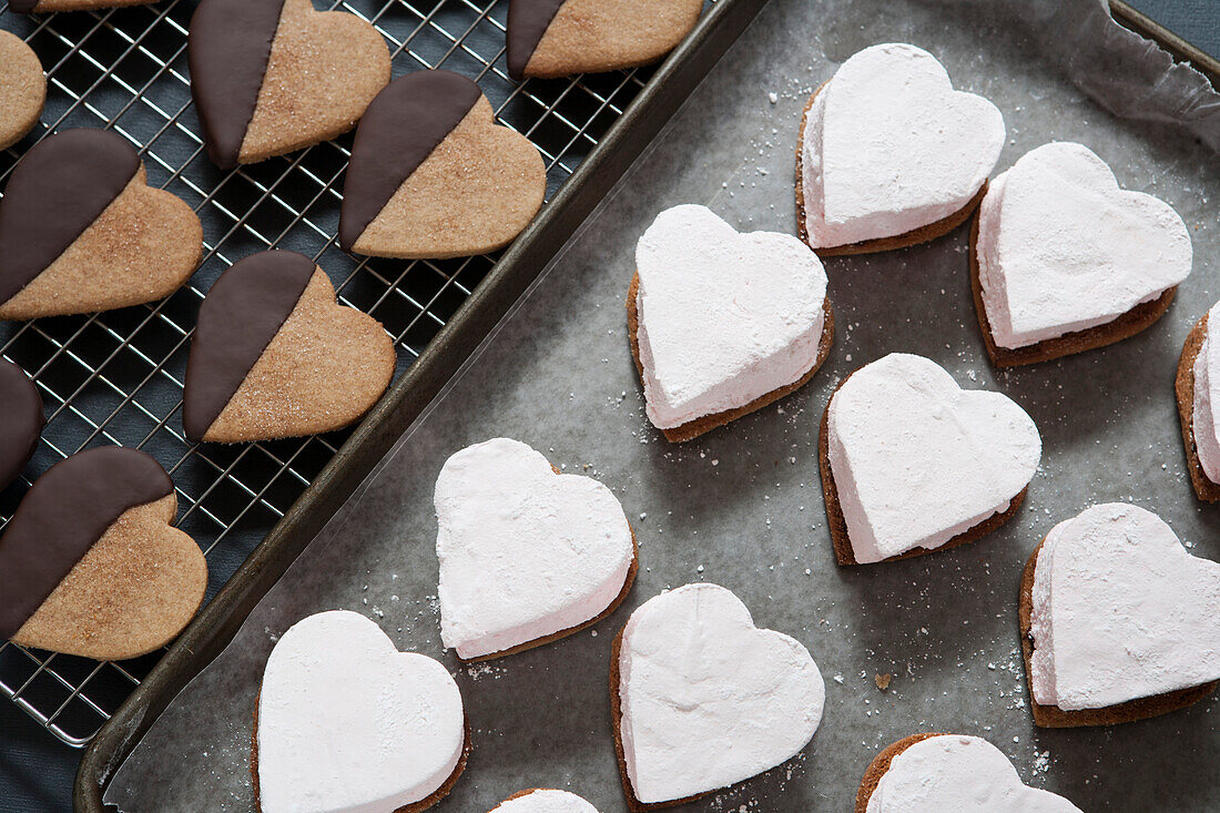 Pink Heart-Shaped Marshmallows on Graham Cracker Cookies Ready to be Made into S'mores