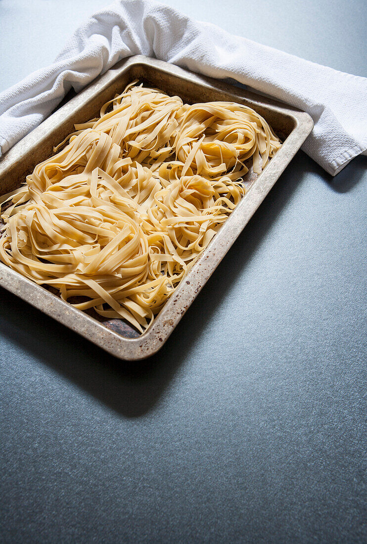 Uncooked Linguine Pasta in Pan