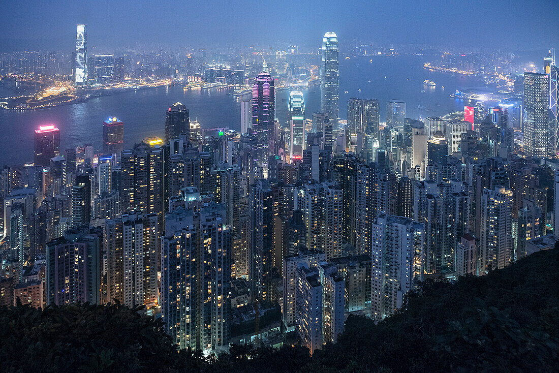 typical view at Skyline and Victoria Harbour from the Peak at night, Hongkong Island, China, Asia