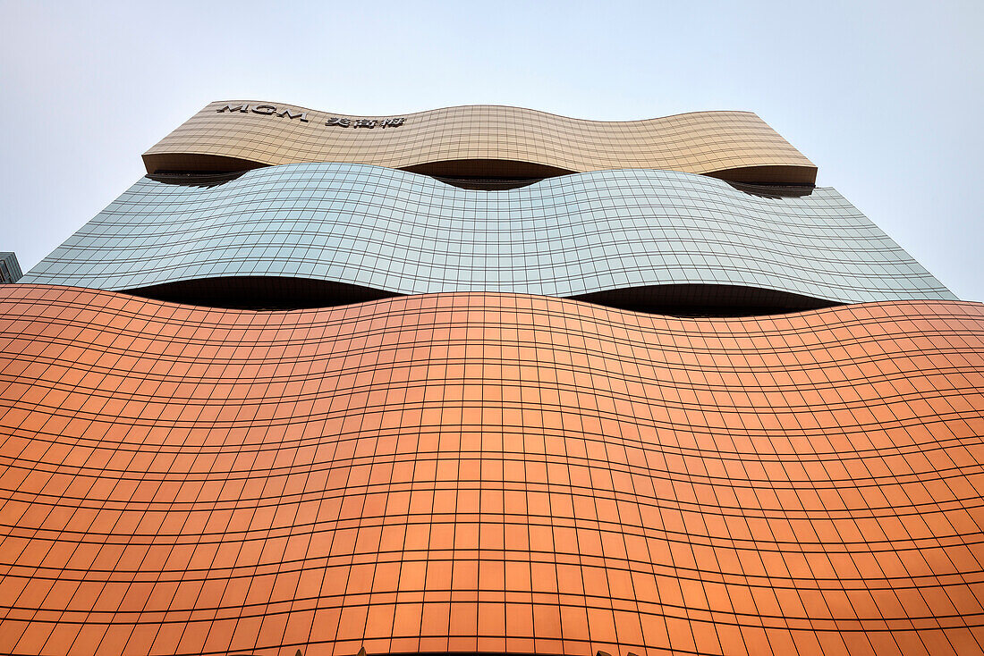 wavy and three coloured fascade of MGM Hotel, modern architecture, Macao, China, Asia
