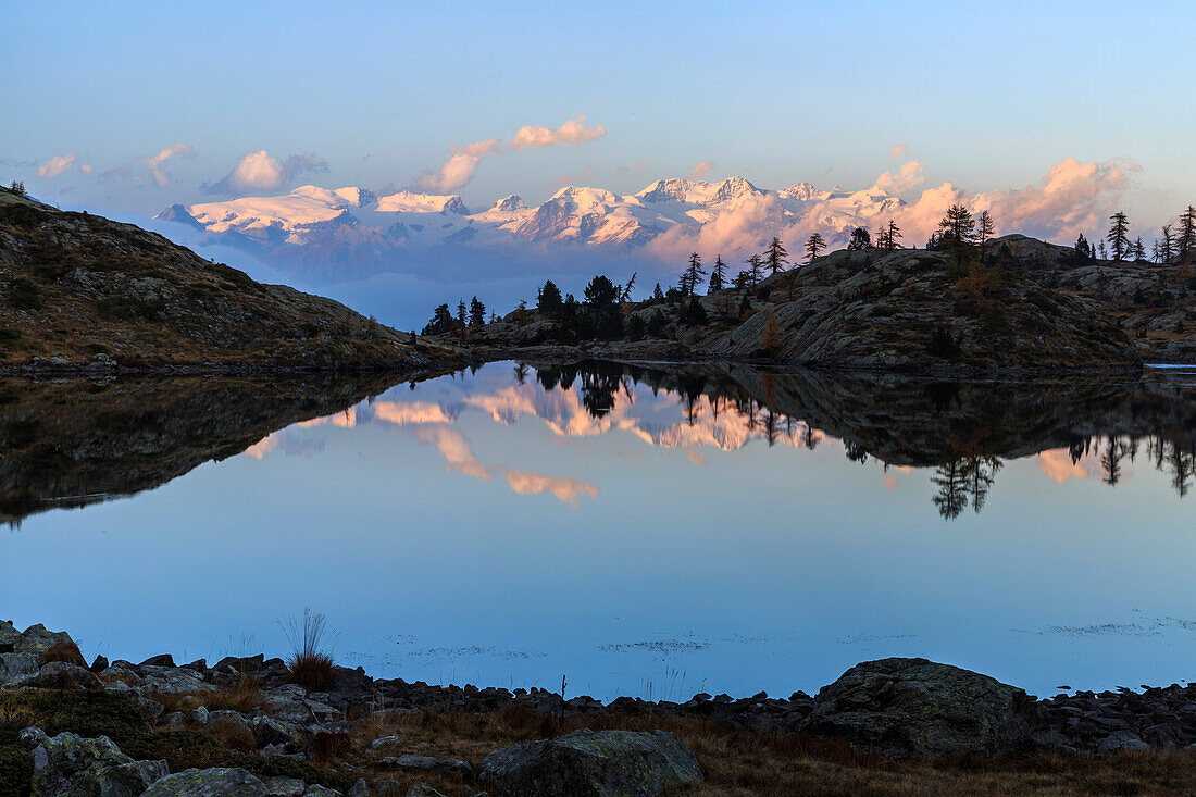 Sunrise on Mount Rosa seen from Lac Blanc, Natural Park of Mont Avic, Aosta Valley, Graian Alps, Italy, Europe