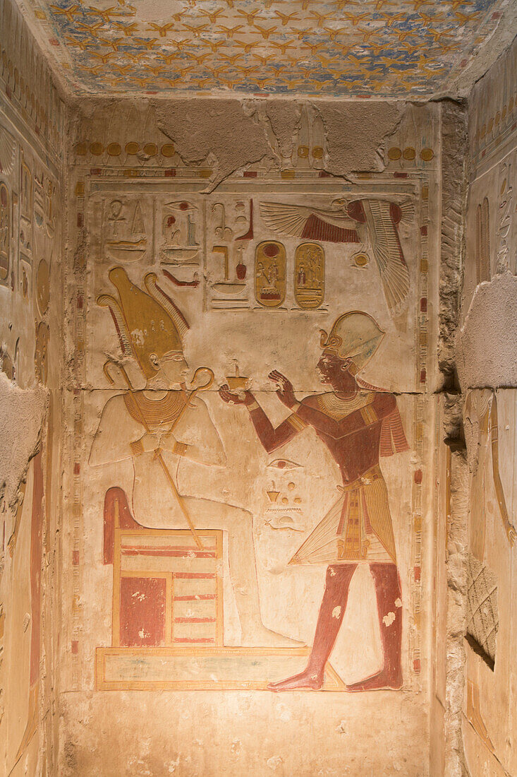 Bas-relief, Pharaoh Seti I on right, Temple of Seti I, Abydos, Egypt, North Africa, Africa