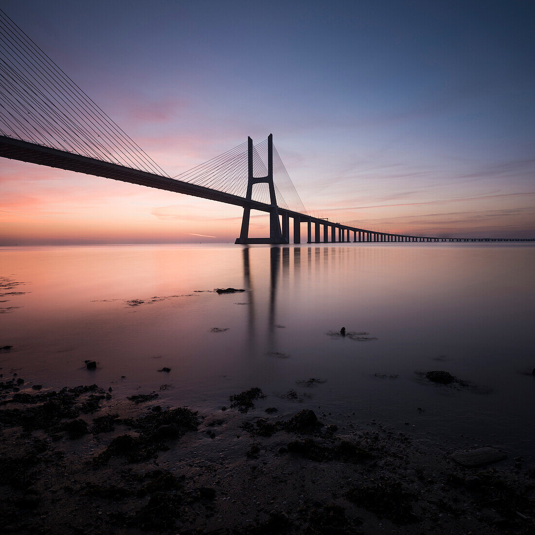 Vasco da Gama Bridge over Rio Tejo Tagus River at dawn, Lisbon, Portugal, Europe