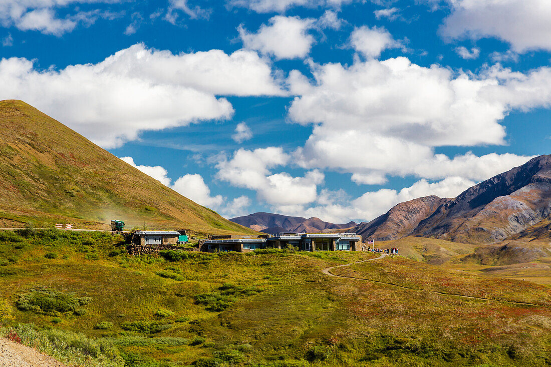 Scenic view of Eielson Visitor Center and green tundra in Denali National Park, Interior Alaska, Summer, USA.
