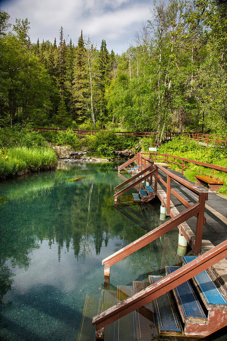 Stairs leading into the hot spring pools at Liard River Hot Springs, Liard River Hot Springs Provincial Park, British Columbia, Canada, Summer