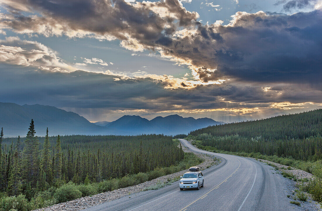 Evening sunset view of the Alaska Highway near Kluane Lake, Yukon Territory, Canada, HDR