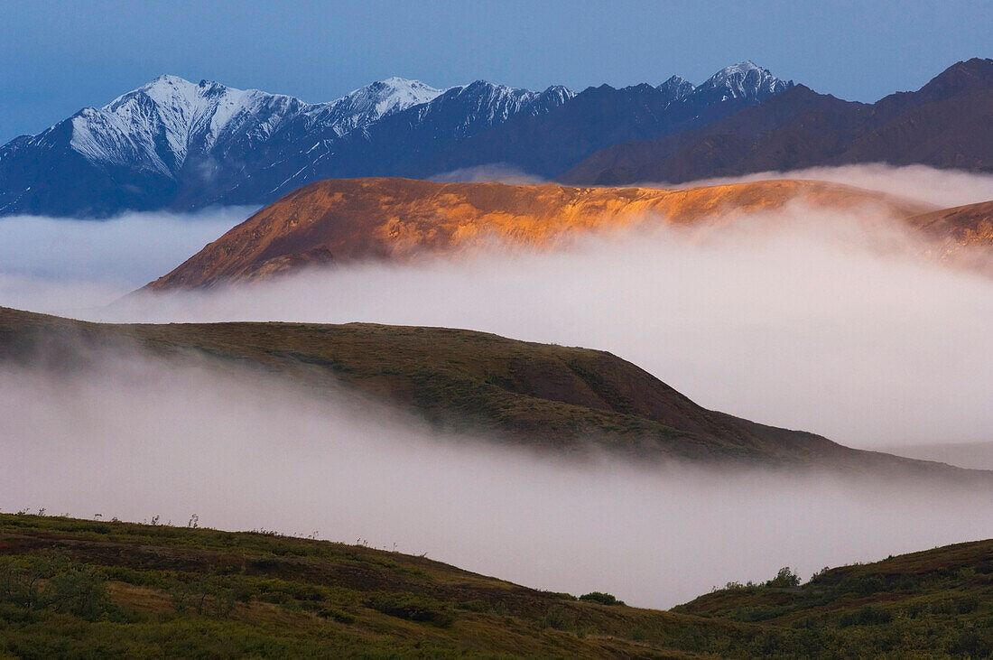 Fog Settles Between Mountain Ridges At Sunrise In Sable Pass, Denali National Park, Alaska.