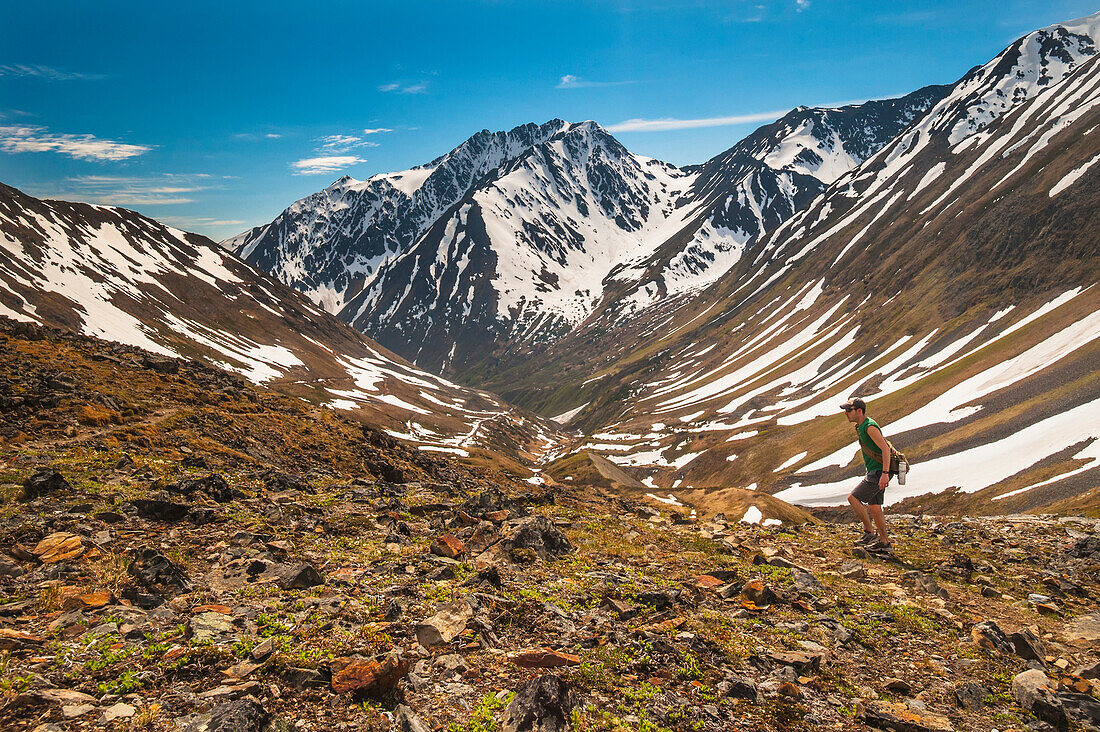 Hiker on Crow Pass Trail, in Chugach State Park near Girdwood, Southcentral Alaska, Summer.