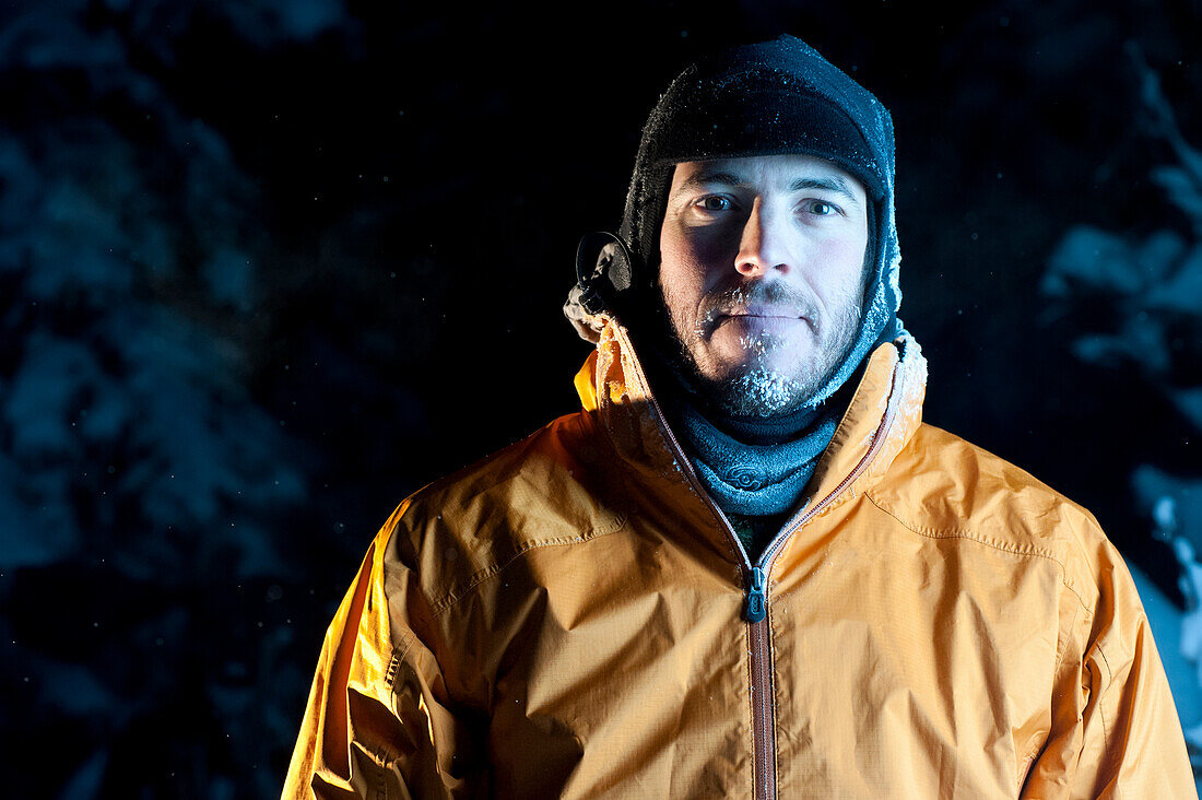 Sunset portrait of snow biker, Anchorage, Southcentral Alaska