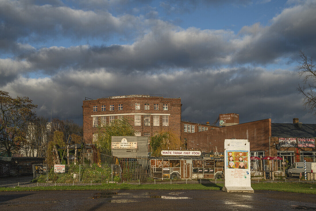 Storm clouds above the White Trash Fast Food, Restaurant, Alt Treptow, Berlin, Germany