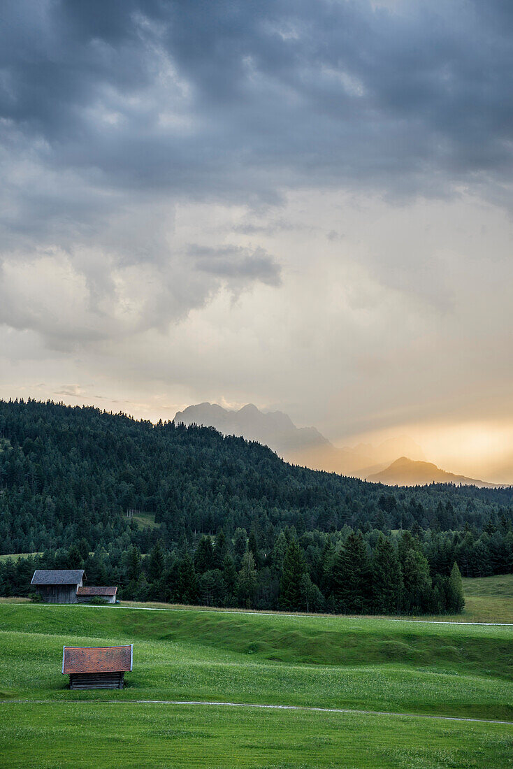 meadows and thunderstorm, near Mittenwald, Upper Bavaria, Bavaria, Germany