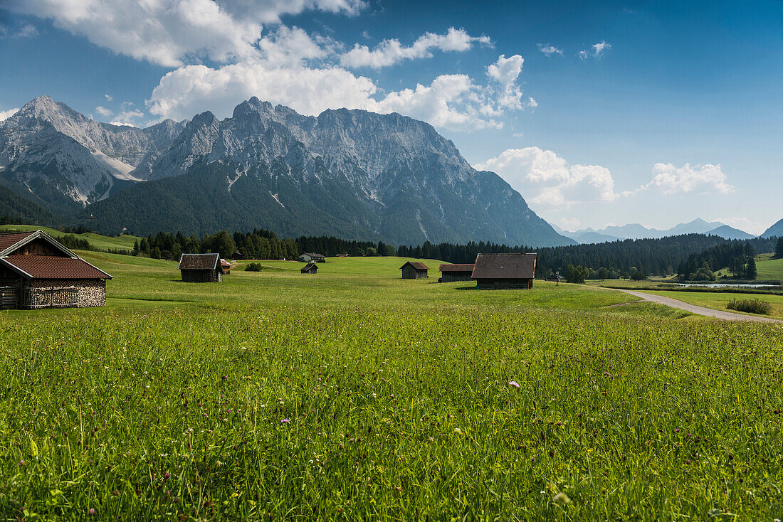 Meadows and barns, near Mittenwald, Upper Bavaria, Bavaria, Germany