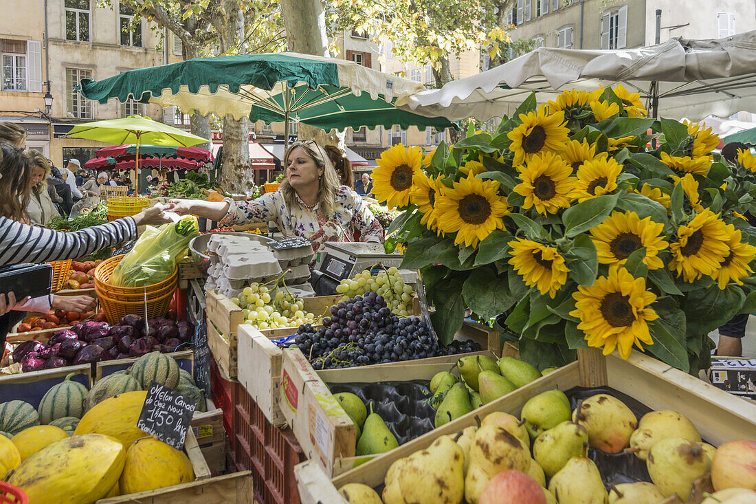 Sonnenblumen und Obst auf dem Markt, Markt Place Richelme, Aix en Provence, Bouche du Rhone, Côte d'Azur, Frankreich