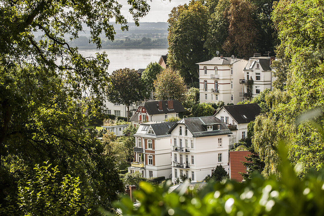 houses at Blankeneser Suellberg with view to the river Elbe, Hamburg, north Germany, Germany