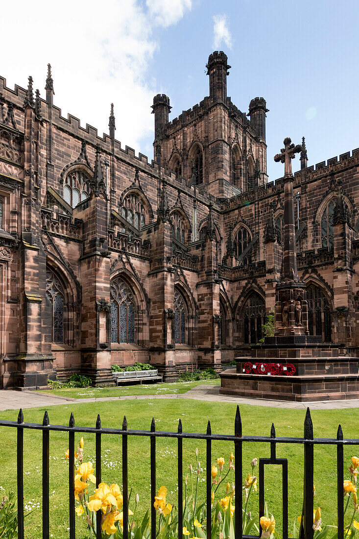 Chester Cathedral, tower from Southwest, Chester, Cheshire, England, United Kingdom, Europe