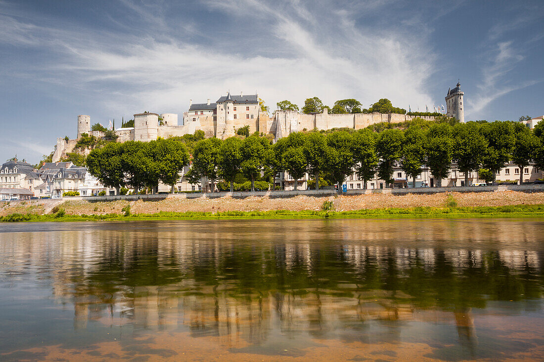 Looking across the River Vienne towards the town and castle of Chinon, Indre et Loire, France, Europe