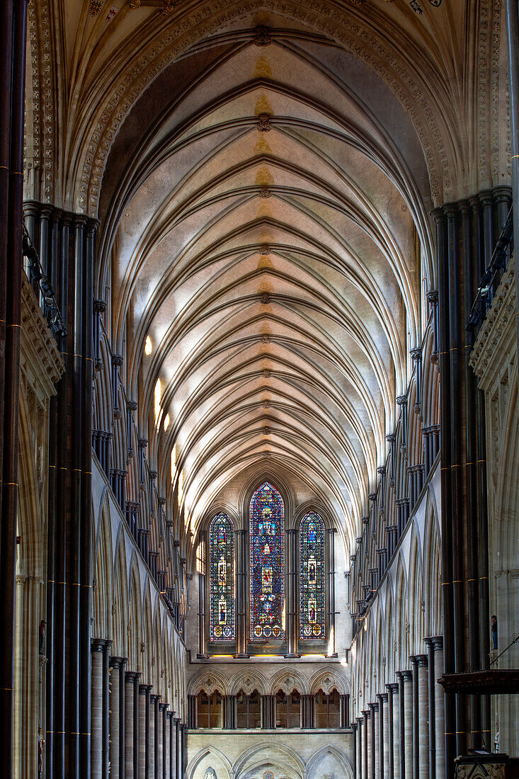 Looking down the nave of Salisbury Cathedral towards the west front, Salisbury, Wiltshire, England, United Kingdom, Europe