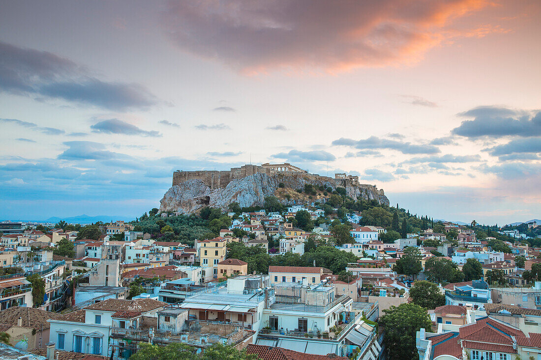 View of Plaka and The Acropolis at sunset, Athens, Greece, Europe