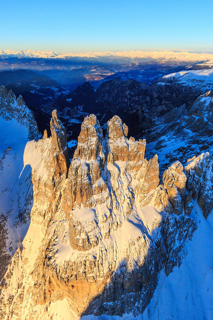 Aerial view of Catinaccio Group and Vajolet Towers at sunset, Sciliar Natural Park, Dolomites, Trentino-Alto Adige, Italy, Europe