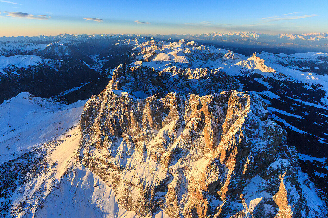 Aerial view of Sassolungo Sassopiatto and Grohmann peaks at sunset, Sella Group, Dolomites, Trentino-Alto Adige, Italy, Europe
