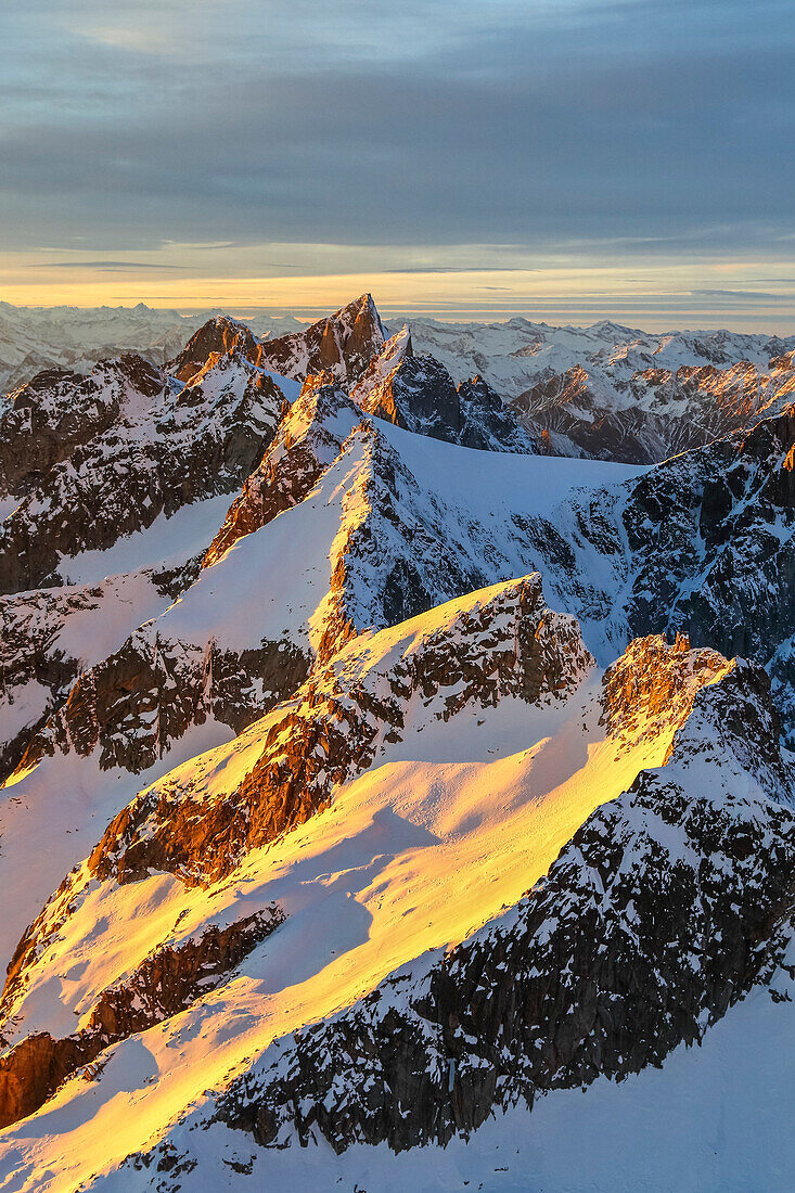 Aerial view of peaks of Ferro and Cengalo at sunset, Masino Valley, Valtellina, Lombardy, Italy, Europe