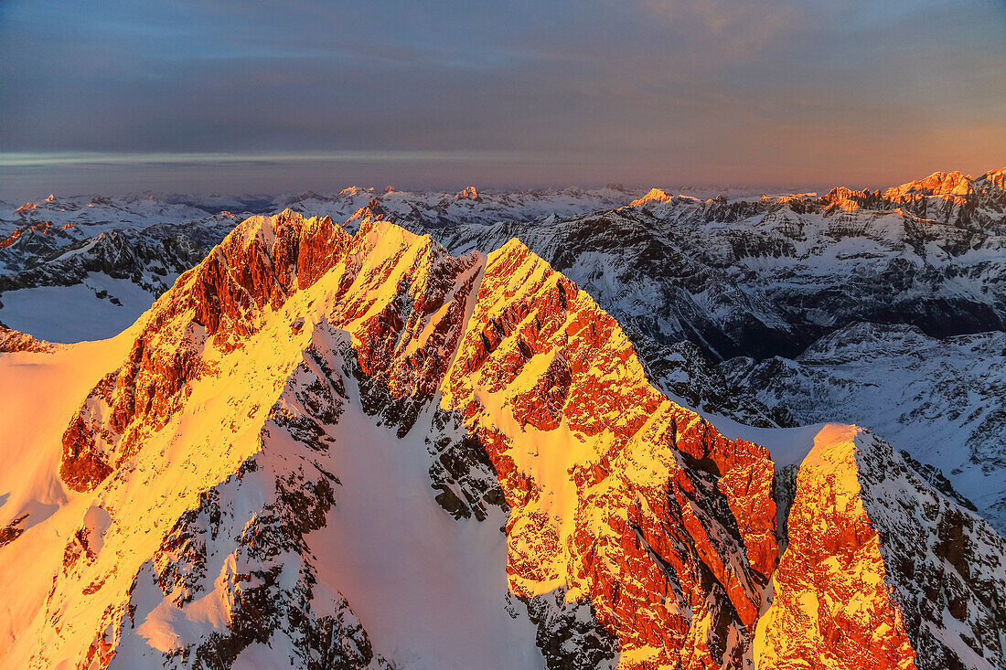 Aerial view of Mount Disgrazia and Bernina Group at sunset, Masino Valley, Valtellina, Lombardy, Italy, Europe