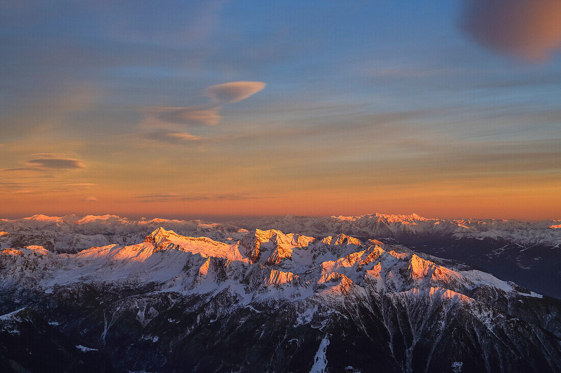Aerial view of peak Scalino at sunset, Masino Valley, Valtellina, Lombardy, Italy, Europe