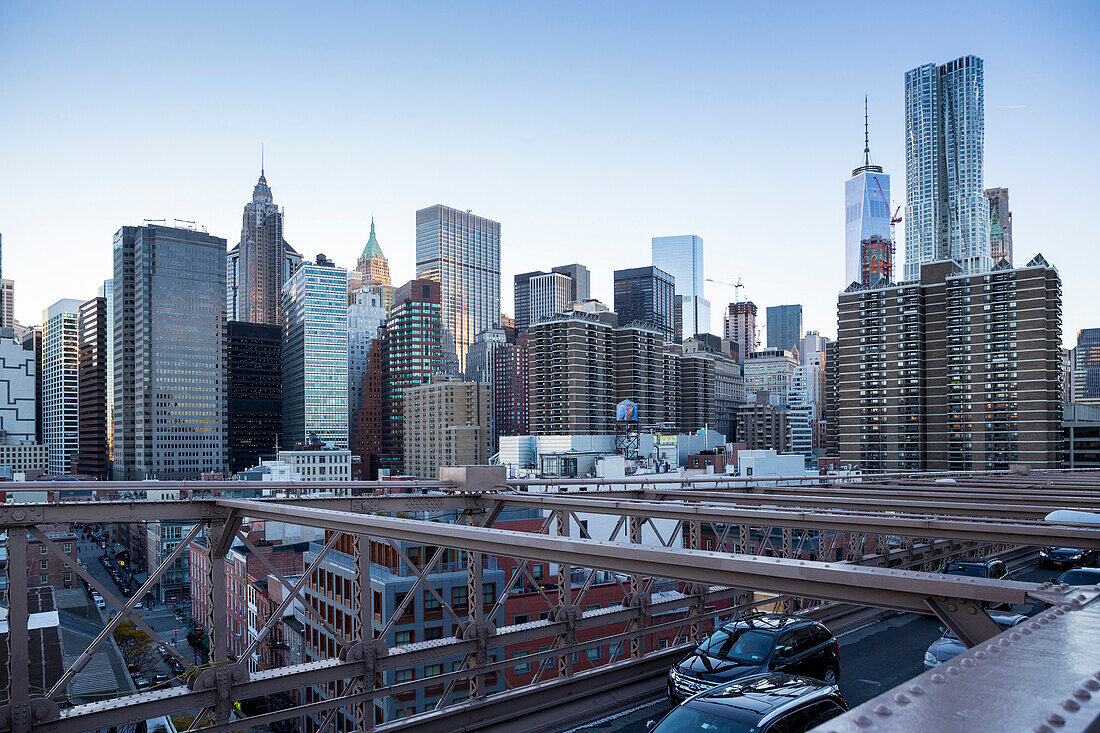 On Brooklyn Bridge, view of One Word Trade Center, downtown, Manhattan, New York City, USA, America