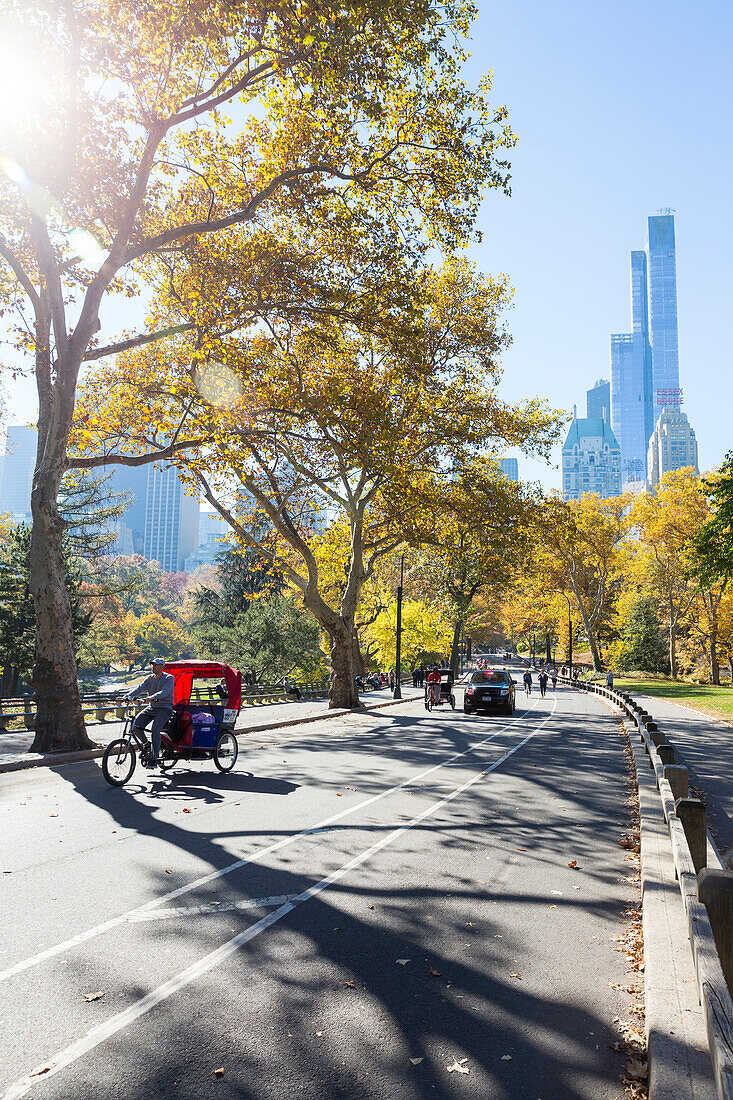 Herbst im Central Park, Kutsche, bunte Blaetter, Skyline, Manhattan, New York City, USA, Amerika
