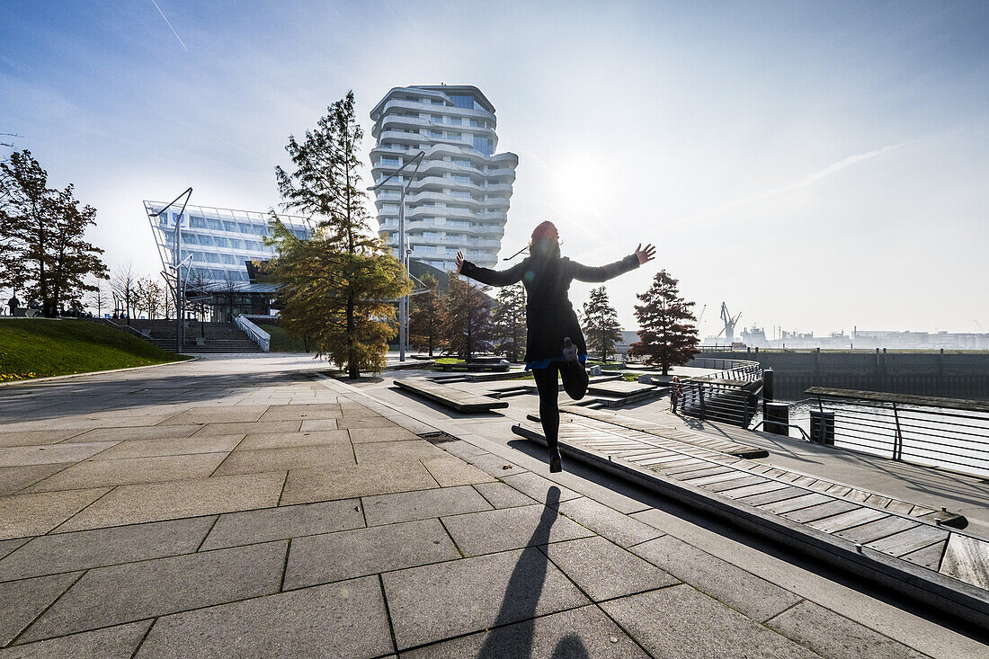 Autumn mood in the Hamburger Hafencity at the Marco Polo Tower, Hamburg, north Germany, Germany