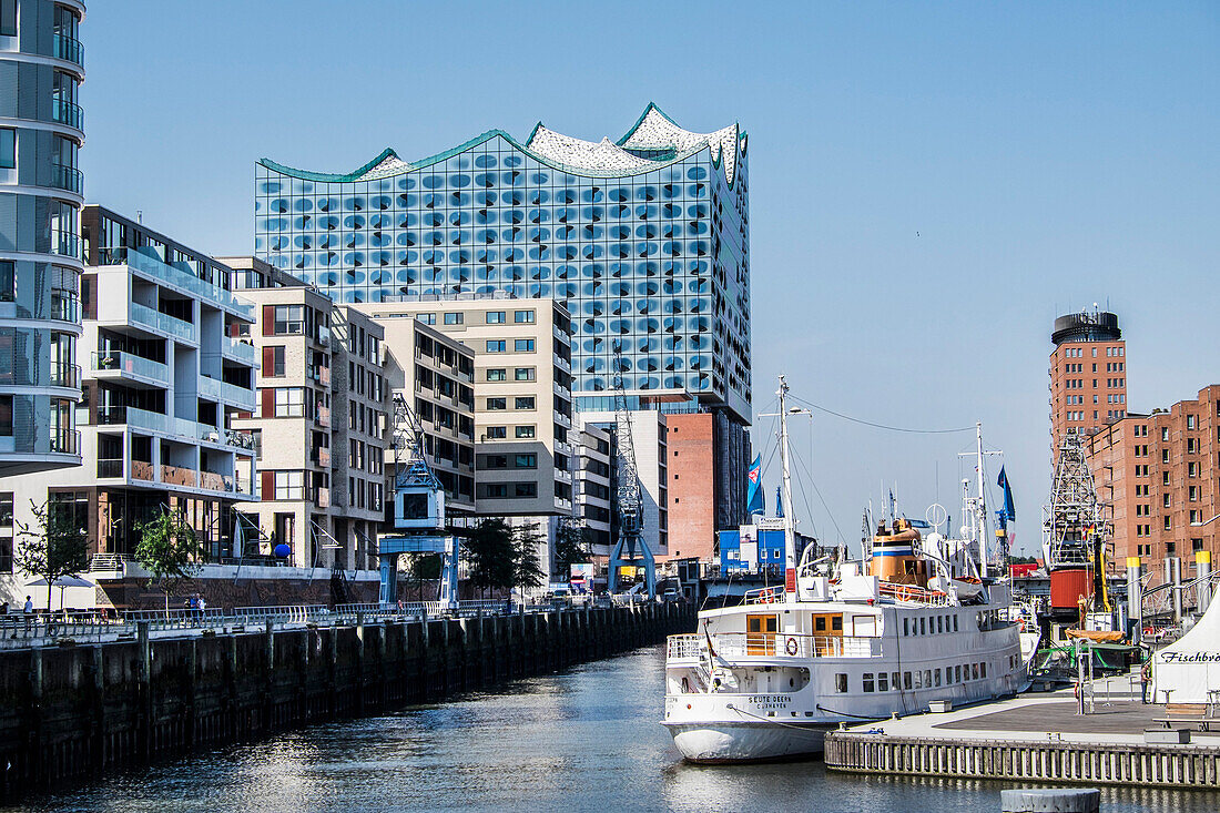 view over the Sandtor harbour to the new Elbphilharmonie, Hafencity of Hamburg, north Germany, Germany
