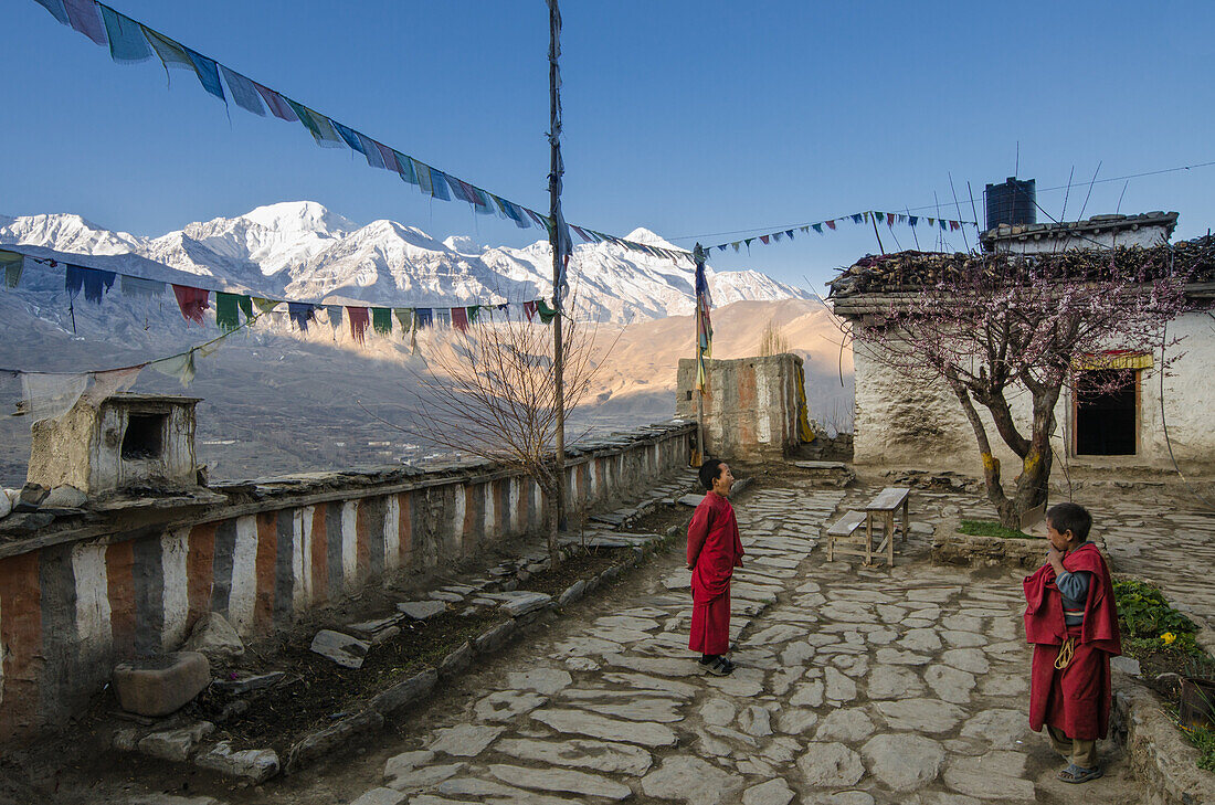 Junge Moenche vor dem buddhistischen Kloster von Dzong, Jhong, Ortschaft am Annapurna Circuit Trek. Im Hintergrund der Nilgiri (7061 m) , Tilicho Peak (7134 m) und Khangsar Kang (7485 m), Mustang, Nepal, Himalaya, Asien