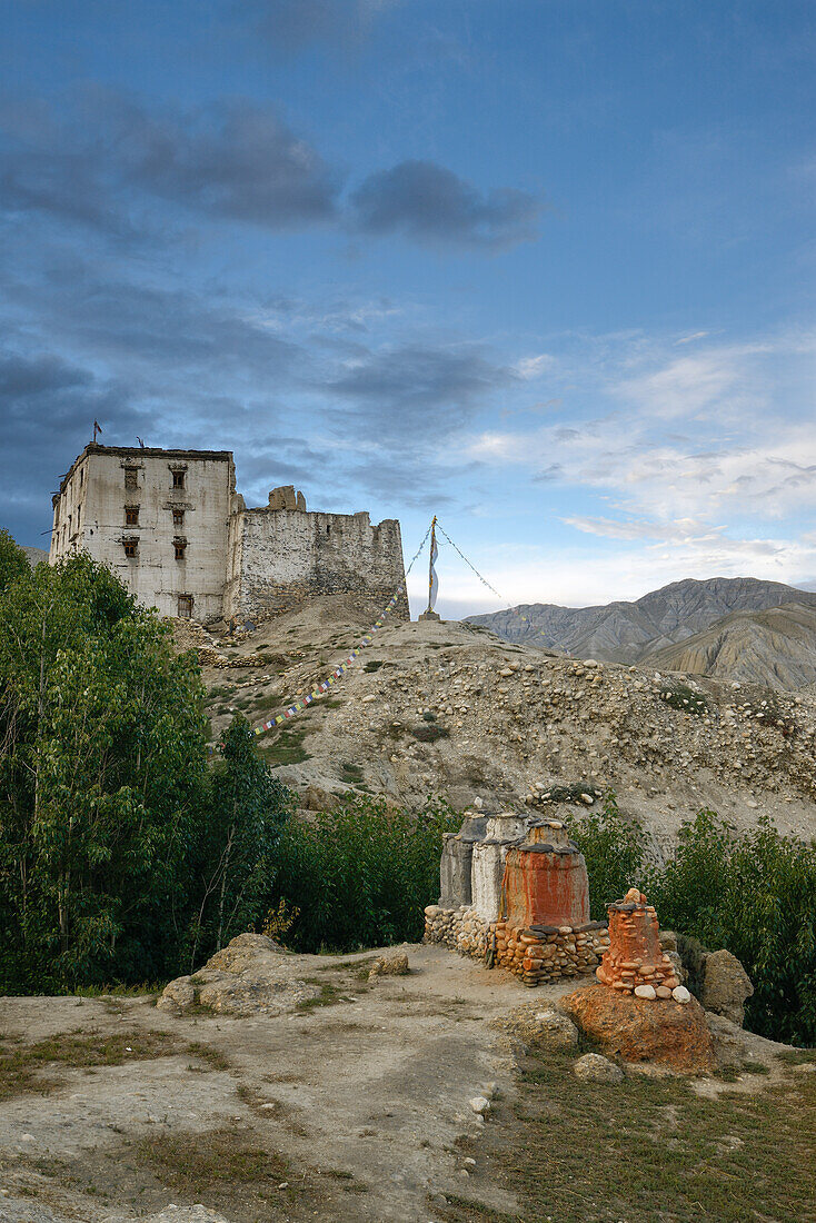 King's palace and chorten in Tsarang, Charang, tibetian village with a buddhist Gompa at the Kali Gandaki valley, the deepest valley in the world, fertile fields are only possible in the high desert due to a elaborate irrigation system, Mustang, Nepal, Hi