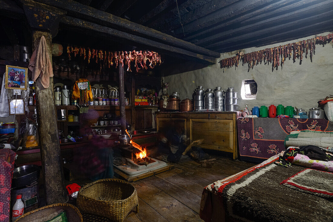 Kitchen and living room of a typical tibetan house in Nar, on the Nar Phu Trek, Nepal, Himalaya, Asia