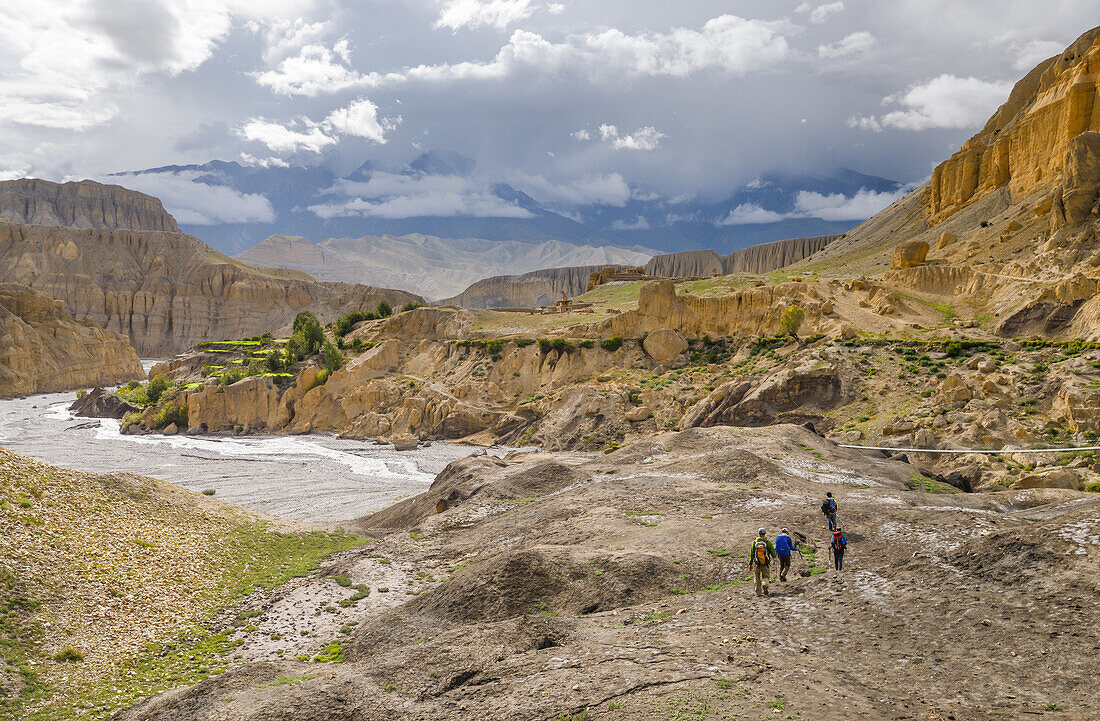 Vier Wanderer, Trekker kurz vor Tangge, tibetische Ortschaft mit buddhistischem Kloster im Kali Gandaki Tal, dem tiefsten Tal der Welt, fruchtbare Felder gibt es in der Hochwueste nur durch ein ausgekluegeltes Bewaesserungssystem, Mustang, Nepal, Himalaya