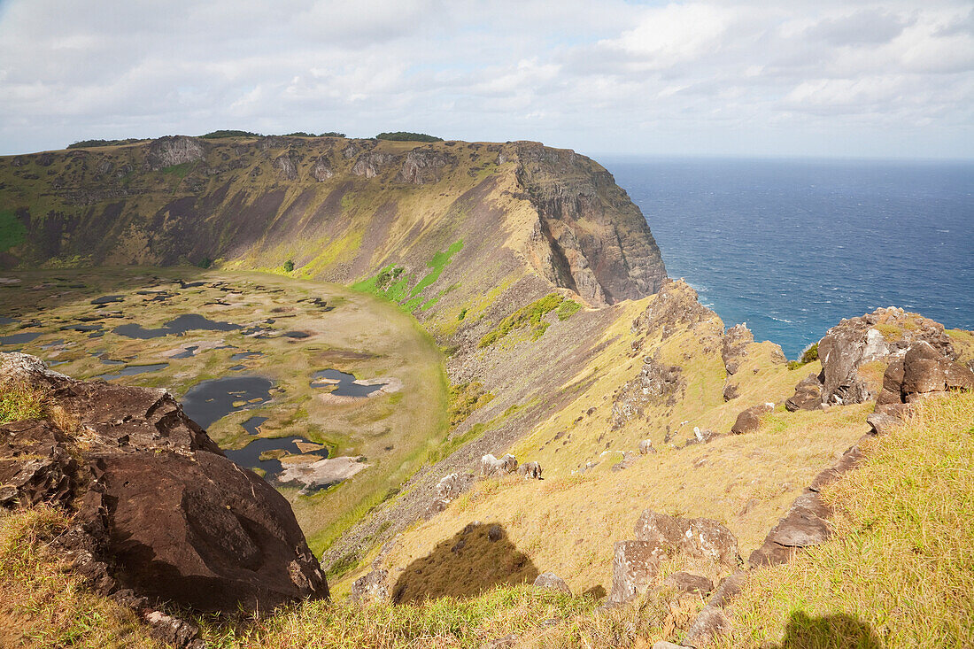 Lagoon Inside The Caldera Of Rano Kau Volcano, As Seen From The Rim, Rapa Nui Easter Island, Chile