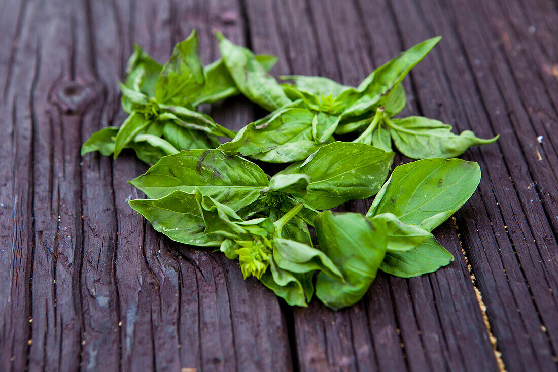 Close up of fresh basil leaves on board