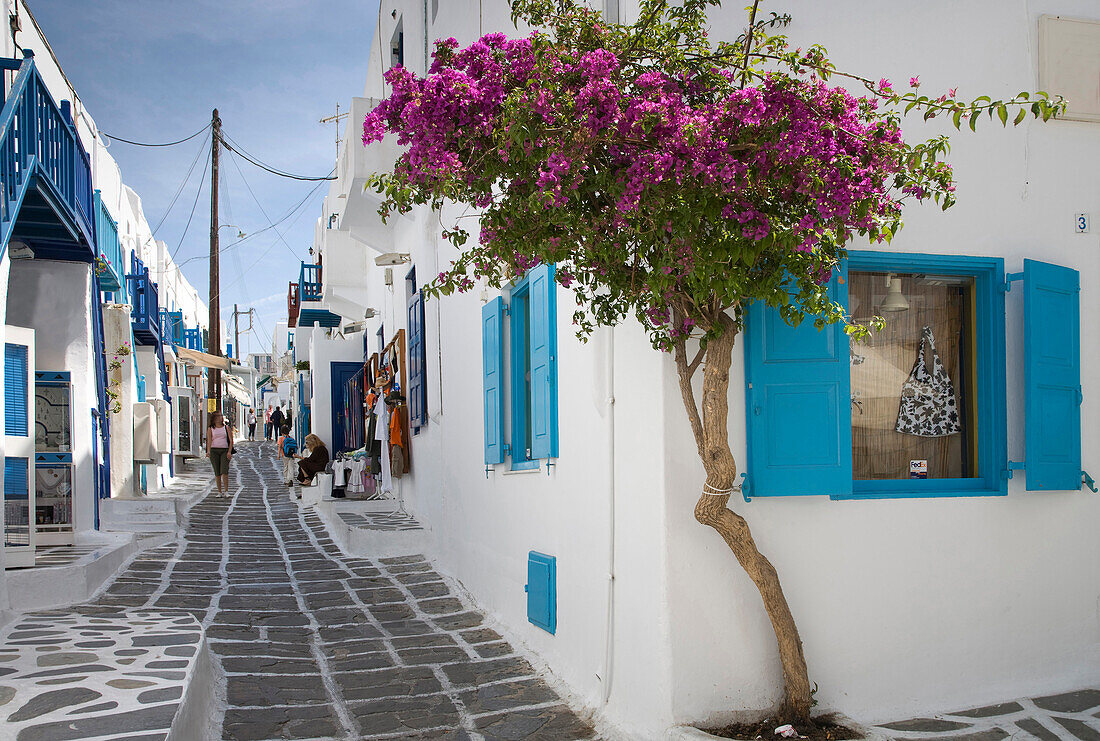 Traditional buildings on Mykonos street, Cyclades Islands, Greece