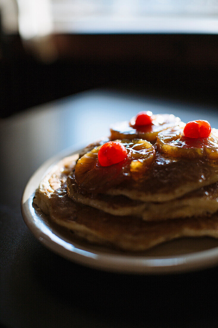 Close up of plate of pancakes