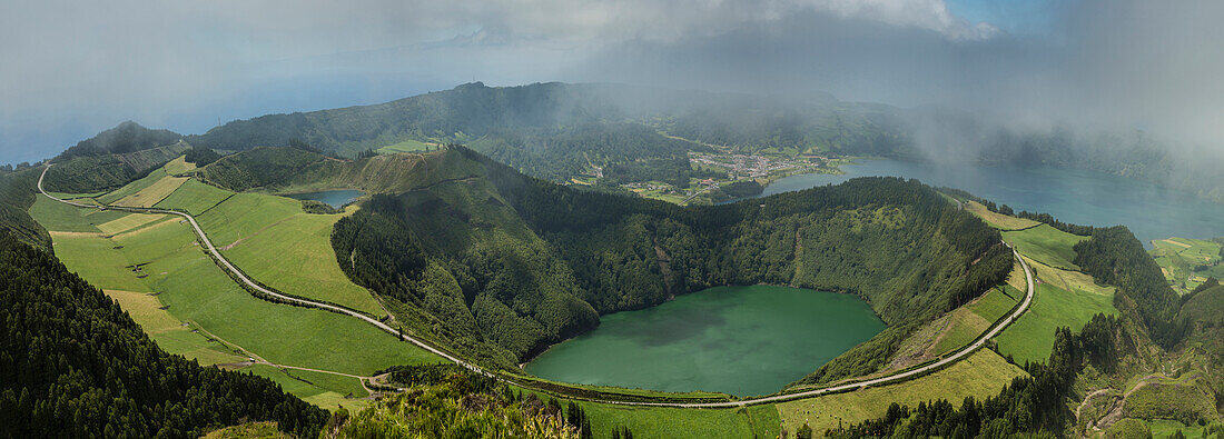 Aerial view of Twin Crater Lakes in rural landscape, Sao Miguel, Portugal
